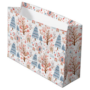 Cute Modern Blue and Pink Snowy Christmas Village Large Gift Bag
