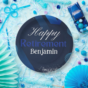 Cute Modern Blue and White Happy Retirement Paper Plates