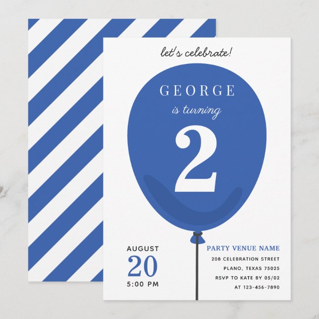 Cute Modern Blue Balloon Birthday - 2nd Birthday Invitation (Front/Back)