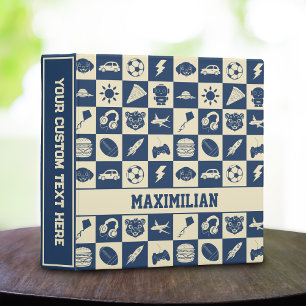 Cute Modern Blue Checkered Icons Pattern Boy's Fun 3 Ring Binder