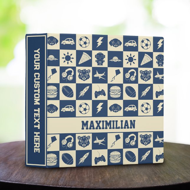 Cute Modern Blue Checkered Icons Pattern Boy's Fun 3 Ring Binder (Creator Uploaded)