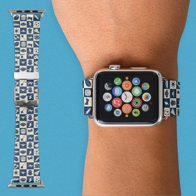 Cute Modern Blue Checkered Icons Pattern Boy's Fun Apple Watch Band (Creator Uploaded)