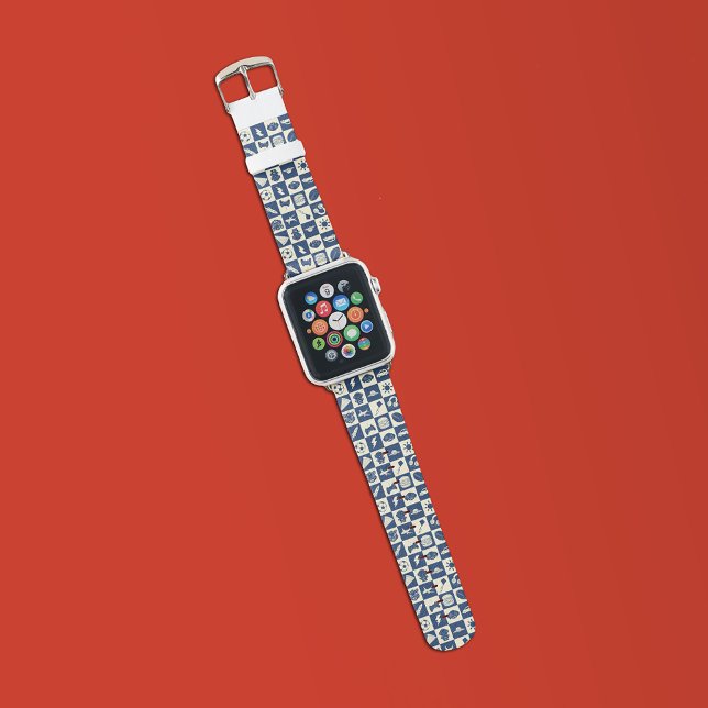 Cute Modern Blue Checkered Icons Pattern Boy's Fun Apple Watch Band (Creator Uploaded)