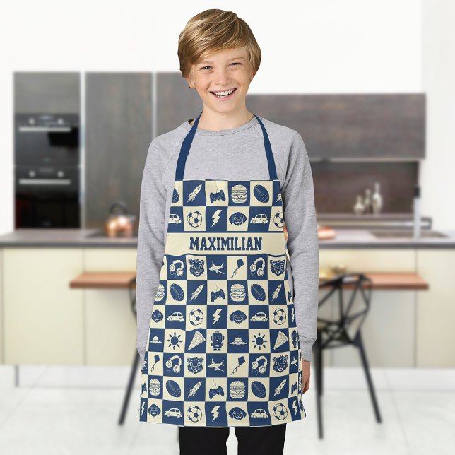 Cute Modern Blue Checkered Icons Pattern Boy's Fun Apron (Creator Uploaded)