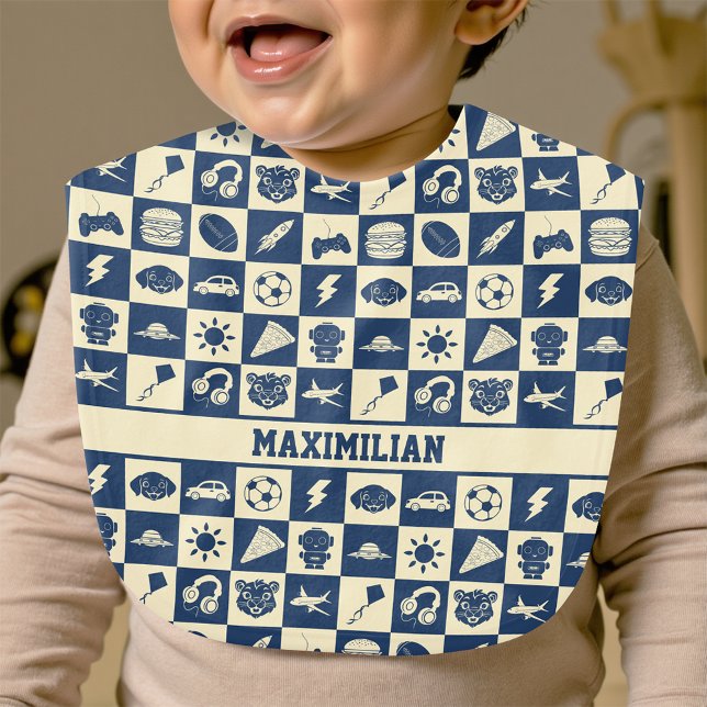 Cute Modern Blue Checkered Icons Pattern Boy's Fun Baby Bib (Creator Uploaded)