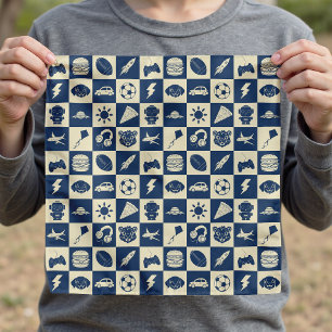 Cute Modern Blue Checkered Icons Pattern Boy's Fun Bandana