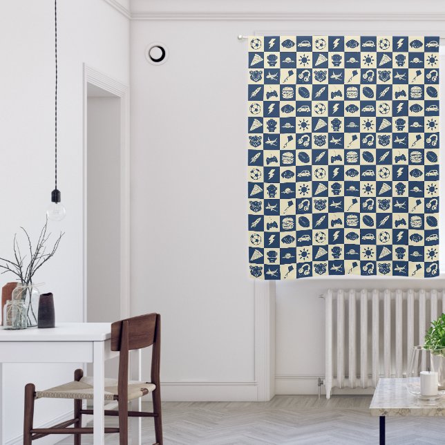 Cute Modern Blue Checkered Icons Pattern Boy's Fun Blackout Curtains (Living Room)