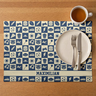 Cute Modern Blue Checkered Icons Pattern Boy's Fun Cloth Placemat