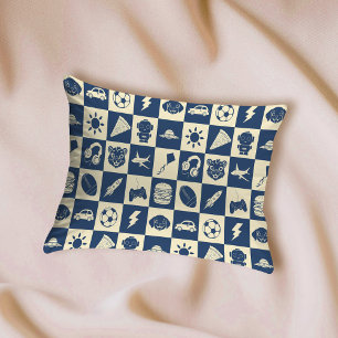 Cute Modern Blue Checkered Icons Pattern Boy's Fun Pillow Case