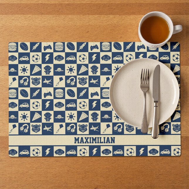 Cute Modern Blue Checkered Icons Pattern Boy's Fun Placemat (Creator Uploaded)