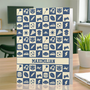 Cute Modern Blue Checkered Icons Pattern Boy's Fun Pocket Folder
