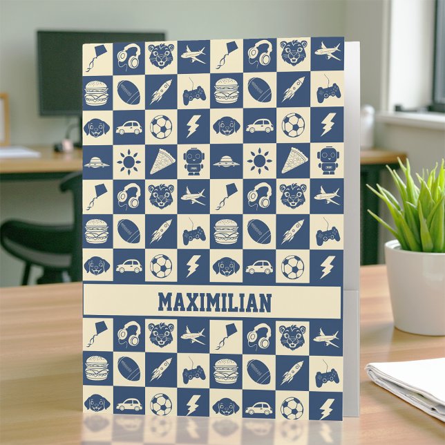 Cute Modern Blue Checkered Icons Pattern Boy's Fun Pocket Folder (Creator Uploaded)