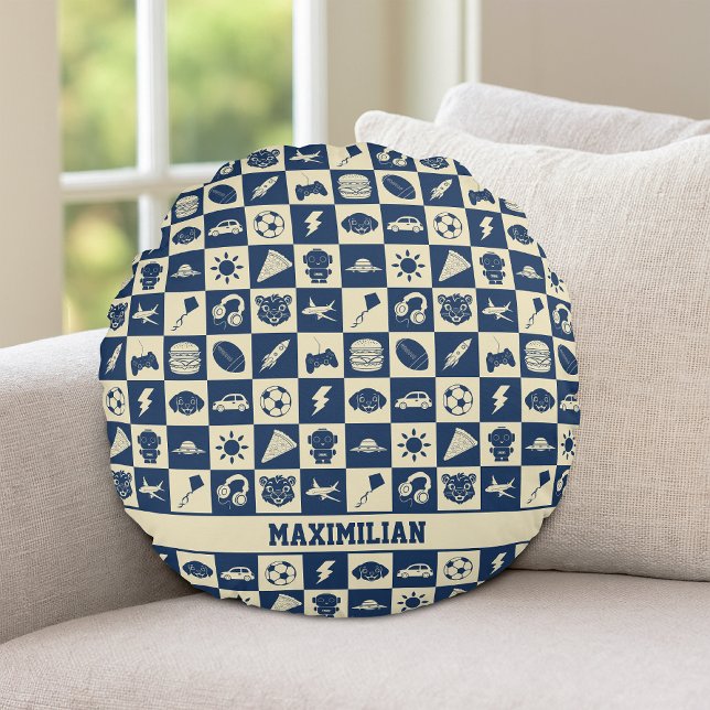 Cute Modern Blue Checkered Icons Pattern Boy's Fun Round Pillow (Creator Uploaded)