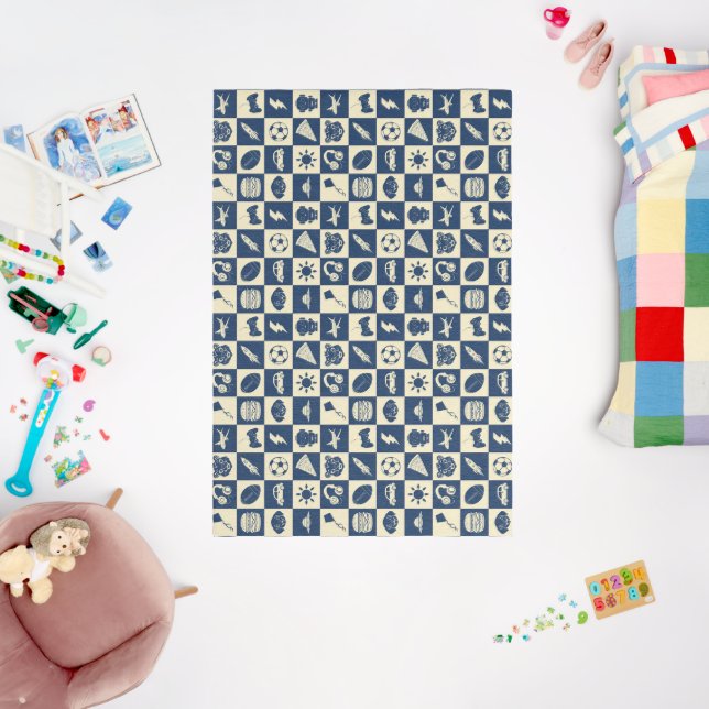 Cute Modern Blue Checkered Icons Pattern Boy's Fun Rug (Insitu (Babyroom))