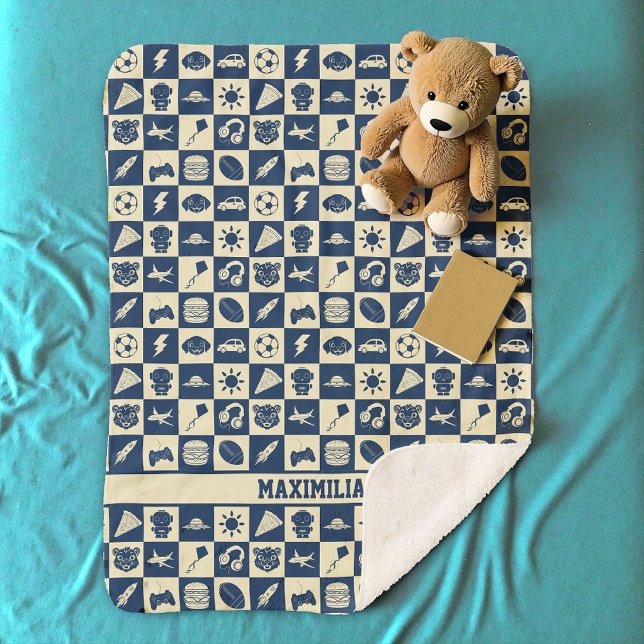 Cute Modern Blue Checkered Icons Pattern Boy's Fun Sherpa Blanket (Creator Uploaded)