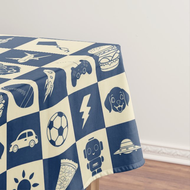 Cute Modern Blue Checkered Icons Pattern Boy's Fun Tablecloth (In Situ)