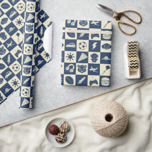 Cute Modern Blue Checkered Icons Pattern Boy's Fun Wrapping Paper