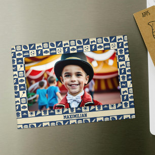 Cute Modern Blue Checkered Icons Pattern Boy's Magnetic Frame