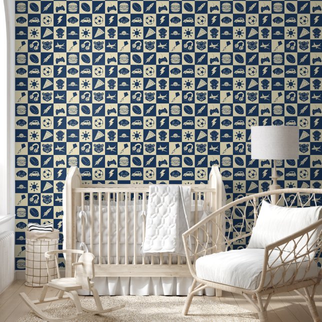Cute Modern Blue Checkered Icons Pattern Boy's Wallpaper (Kids)
