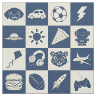 Cute Modern Blue Checkered Icons Pattern Children Fabric