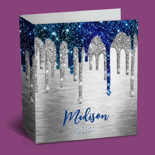 Cute modern Blue Glitter Drips monogram 3 Ring Binder (Creator Uploaded)