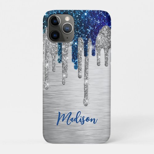 Cute modern Blue Glitter Drips monogram iPhone 11 Pro Case