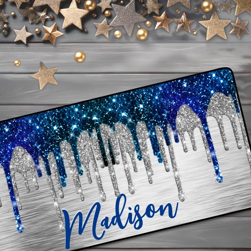 Cute modern Blue Glitter Drips monogram Desk Mat