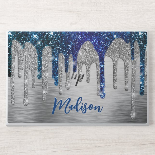 Cute modern Blue Glitter Drips monogram HP Laptop Skin (Front)