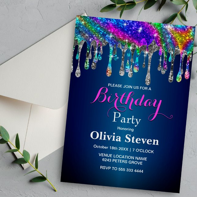 Cute modern Blue Glitter Drips monogram Invitation (Creator Uploaded)
