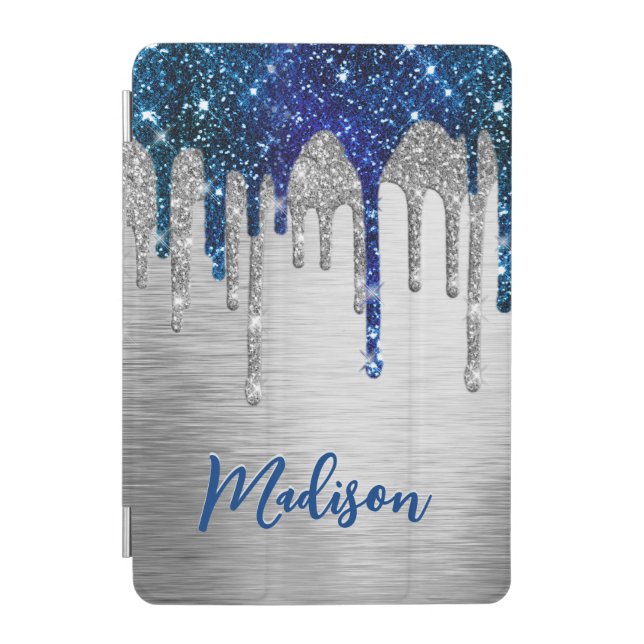 Cute modern Blue Glitter Drips monogram iPad Air C iPad Mini Cover (Front)