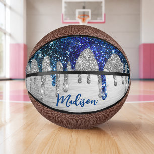 Cute modern Blue Glitter Drips monogram Mini Basketball