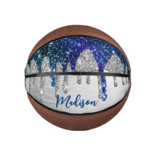 Cute modern Blue Glitter Drips monogram Mini Basketball