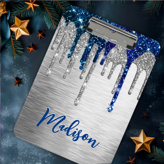 Cute modern Blue Glitter Drips monogram Mini Clipboard (Creator Uploaded)