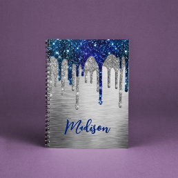 Cute modern Blue Glitter Drips monogram Notebook