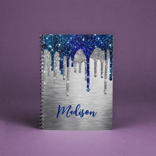 Cute modern Blue Glitter Drips monogram Notebook