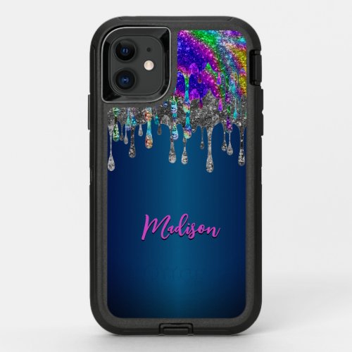 Cute modern Blue Glitter Drips monogram OtterBox Defender iPhone 11 Case