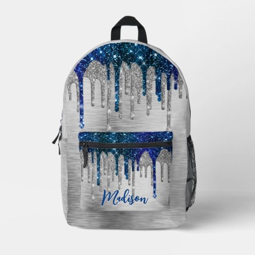 Cute modern Blue Glitter Drips monogram  Printed Backpack