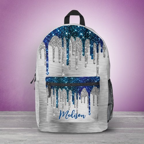 Cute modern Blue Glitter Drips monogram  Printed Backpack