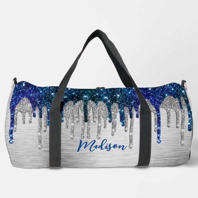 Cute modern Blue Glitter Drips monogram  Printed  Duffle Bag (Front)