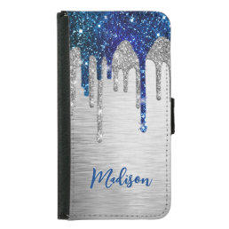Cute modern Blue Glitter Drips monogram Samsung Galaxy S5 Wallet Case