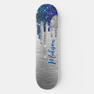Cute modern Blue Glitter Drips monogram Skateboard