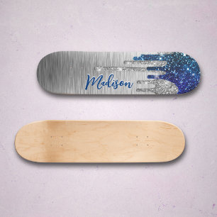 Cute modern Blue Glitter Drips monogram Skateboard