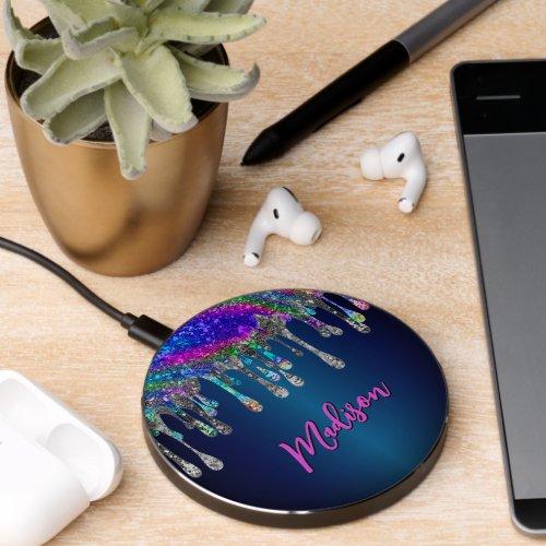 Cute modern Blue Glitter Drips monogram Wireless Charger