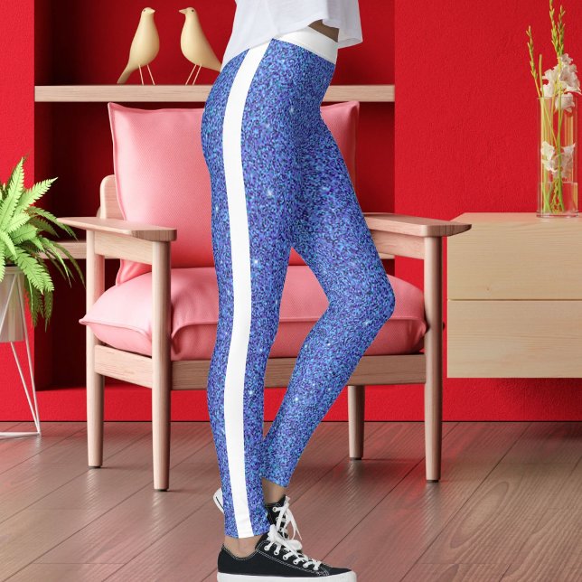 Cute Modern Blue Glitter Sparkles White Stripes Leggings (Creator Uploaded)
