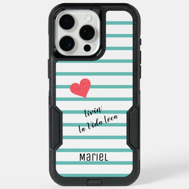 Cute Modern Blue Green Stripes Heart La Vida Loca iPhone 15 Pro Max Case (Back)