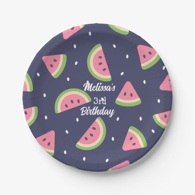 Cute Modern Blue Green Watercolor Watermelon Fruit Paper Plates (Front)