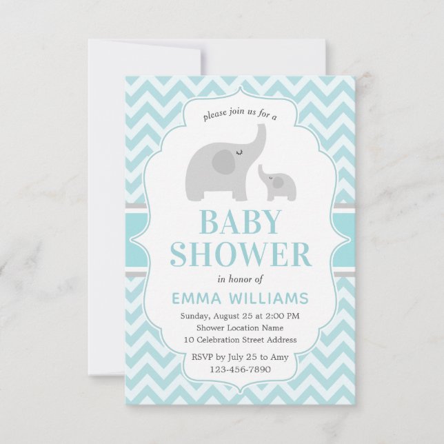 Cute Modern Blue Grey Elephant Boy Baby Shower Invitation (Front)