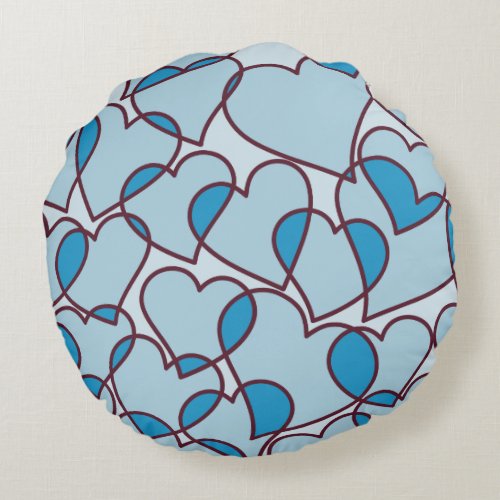 Cute Modern Blue Hearts pattern Round Pillow