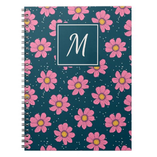 Cute Modern Blue Pink Floral Flowers Monogram Notebook