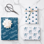 Cute Modern Blue Snowman Christmas Trees Script Wrapping Paper Sheets<br><div class="desc">A set of holiday designs with handwritten script "Merry Christmas" and "Happy Holidays" Christmas trees,  Snowman pattern,  set of three wrapping sheets in the same soft pastel tone,  best for the holiday season gift wrapping.</div>
